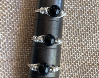 Black Onyx Round Gemstone Wire Wrapped Ring in .925 Sterling Silver, Assorted Size Sterling Silver Black Onyx Bead Rings