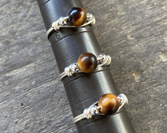Tiger's Eye Round Gemstone Wire Wrapped Ring in Silver Plated Wire, Assorted Size Silver Plated Wire and Tiger Eye Bead Rings