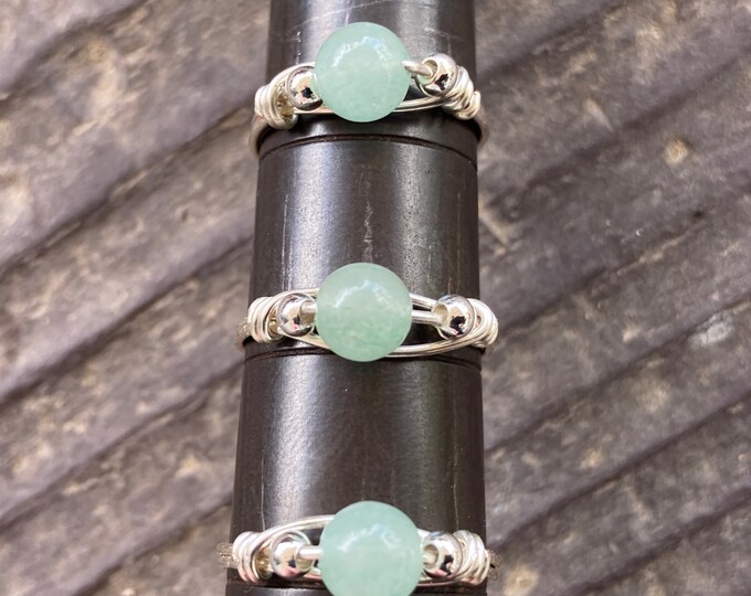 Aventurine Round Gemstone Wire Wrapped Ring in Silver Plated Wire, Assorted Size Green Aventurine Bead Rings Silver Plate Wire