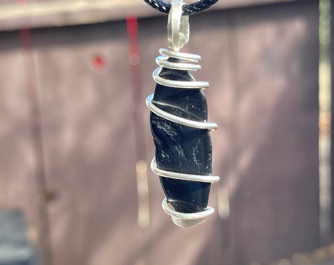 Black Tourmaline Chunk Necklace, .925 Sterling Silver Wire Spiral Wrapped Pendant, Black Tourmaline
