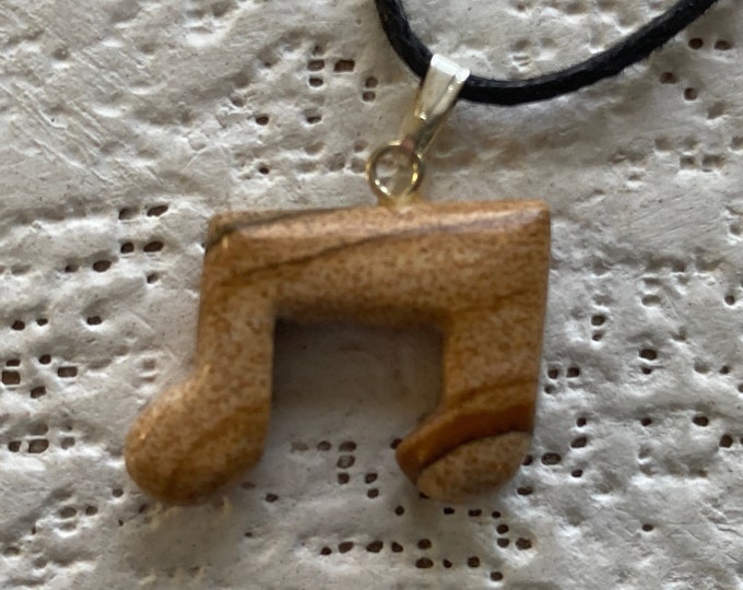 Picture Jasper  Musical Note Shaped Carved Gemstone Pendant, Tumble Polished Stone Necklace, Your Choice of Cord, Natural Stone Jewelry