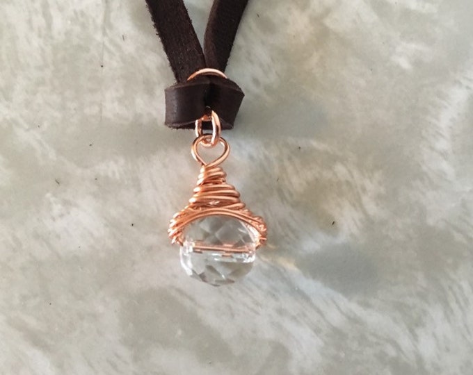 Faceted Clear Glass Bead Copper Wire Pendant, Handmade Jewelry, Polished Faceted Glass Bead Wrapped Necklace