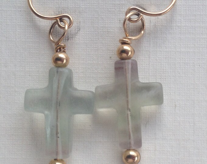 Fluorite Cross Earrings, Gold Filled Wire