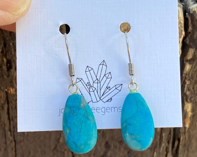 Handcrafted Turquoise Teardrop Shape, Surgical Steel Hook Earrings, Handmade Jewelry, Howlite Turquoise Silver Color Accent Bead