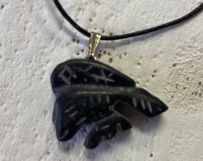 Black Onxy Eagle Pendant, Polished Black Onyx Hawk Bird Necklace, Hawk Eagle Carved Pendant, Bird Fetish Necklace