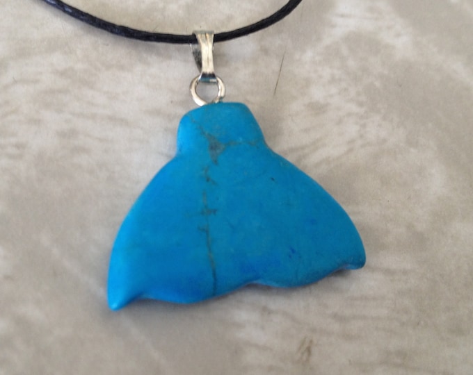 Turquoise Howlite Whale/Dolphin Tail Carved Gemstone Pendant, Tumble Polished Stone Necklace on Adjustable Cord, Natural Stone Jewelry