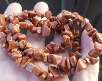 Goldstone Strand 6" Stretch Bracelet, Drilled Gemstone Chip Beads,Tumble Polished Goldstone Gemstone Chip Stretchy Bracelet, Small Stones