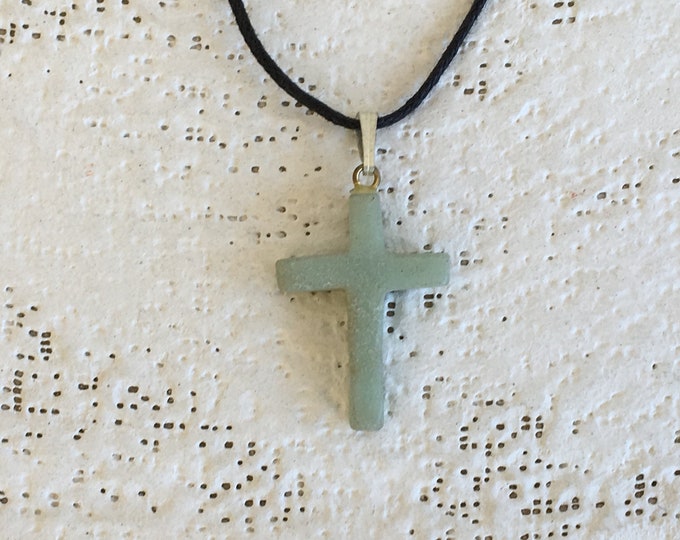 Green Amazonite Gemstone Cross Pendant, Carved Stone Cross Necklace on Adjustable Cord, Natural Gemstone Cross Bead, Christian Jewelry
