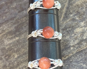 Goldstone Round Gemstone Wire Wrapped Ring in Silver Plated Wire, Assorted Size Silver Red Goldstone Bead Rings