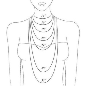 May include: A black and white illustration of a person's upper body, showcasing various necklace lengths. The lengths are marked as 14", 16", 18", 20", 24", 30", and 33" to indicate necklace sizes. The image is a line drawing.