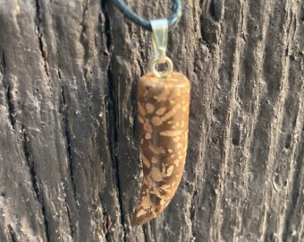 Bamboe blad jaspis tusk vorm edelsteen hanger, gebeeldhouwde stenen ketting op verstelbare koord, helende stenen, stenen slagtand, gepolijste stenen sieraden