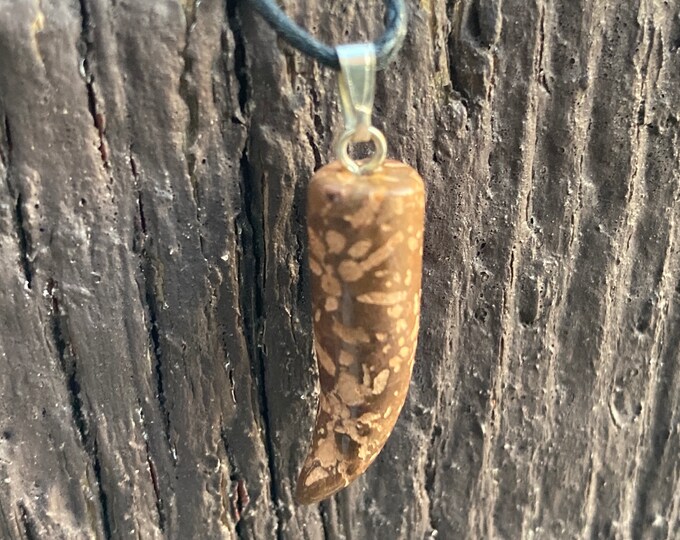 Bamboo Leaf Jasper Tusk Shape Gemstone Pendant, Carved Stone Necklace on Adjustable Cord, Healing Stones, Stone Tusk, Polished Stone Jewelry