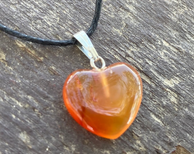 Orange Carnelian Heart Shape Carved Gemstone Pendant, Tumble Polished Stone Necklace on Adjustable Cord, Natural Stone Jewelry