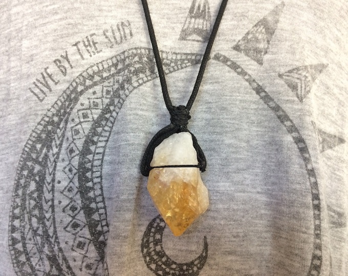Citrine Quartz Crystal Necklace, Yellow Citrine Point Pendant, Natural Unpolished Crystal Stone Necklace on Cord, Natural Gemstone Jewelry