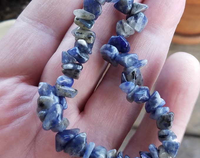 Sodalite Blue Stretch Bracelet 6" Drilled Gemstone Chip Beads, Tumble Polished Sodalite Gemstone Chip Stretchy Bracelet, Drilled Pebbles