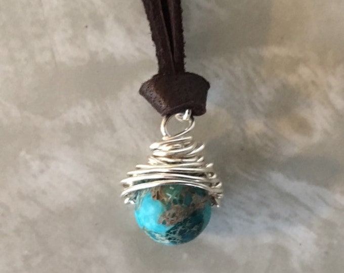 Polished Blue Jasper Silver Plated Wire Pendant, Handmade Jewelry, Blue Jasper Bead Wrapped Necklace