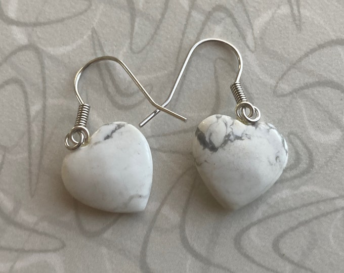 Handcrafted White Howlite Heart Shape, Surgical Steel Hook Earrings, Handmade Jewelry, Howlite Heart Ear Ring