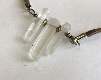 Three Clear Quartz Necklace, Natural Quartz pendant, Bohemian Crystal, Boho Quartz Necklace, Brazilian Quartz Pendant, 3 Crystal Necklace