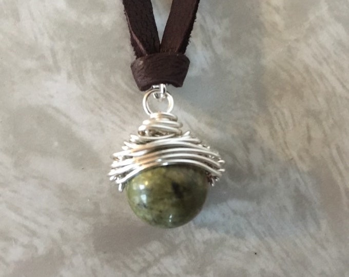 Polished Unakite Silver Plated Wire Pendant, Handmade Jewelry,  Unakite Bead Wrapped Necklace