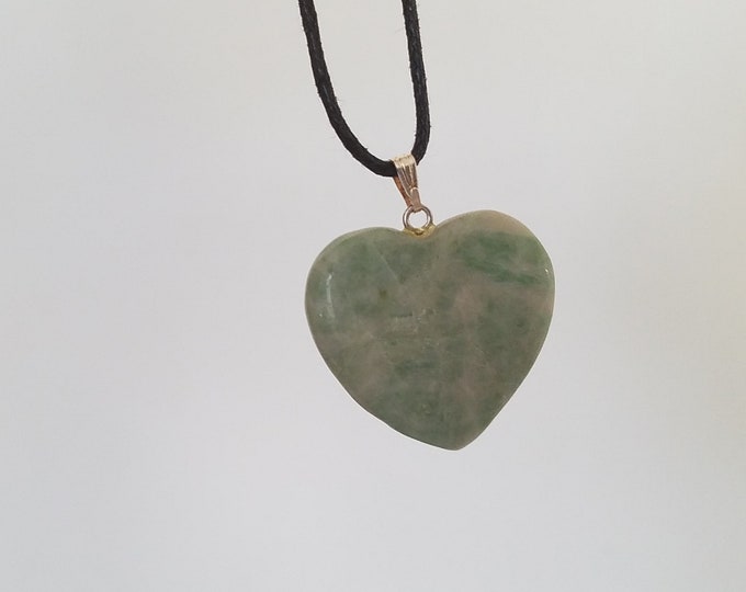 Green Amazonite Heart Shape Carved Gemstone Pendant, Tumble Polished Stone Necklace on Adjustable Cord, Natural Stone Jewelry