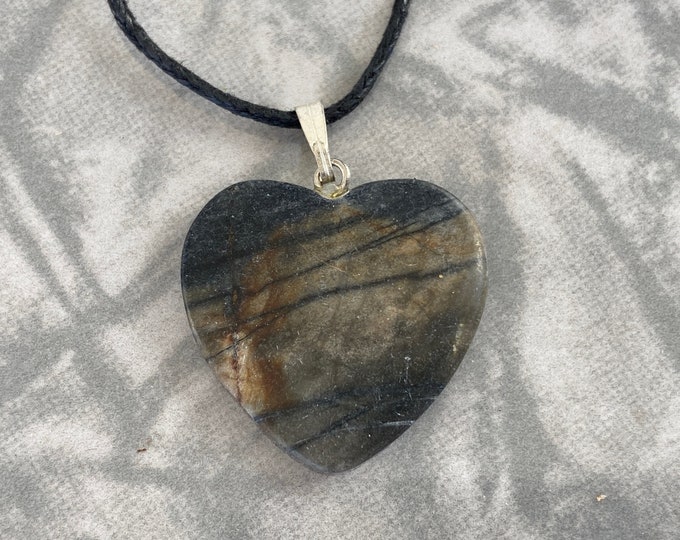 Picasso Stone Heart Shaped Carved Gemstone Pendant, Polished Stone Necklace on Adjustable Cord, Picasso Stone Natural Stone Jewelry