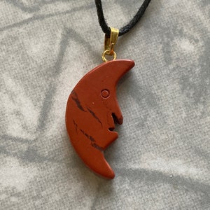 Red Jasper Crescent Quarter Moon Carved Gemstone Pendant, Tumble Polished Natural Stone Jewelry, Necklace w Adjustable Cord