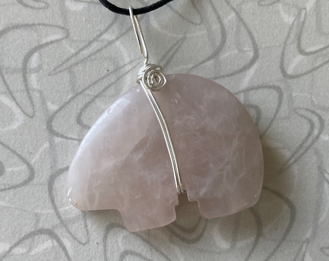 Rose Quartz Zuni Bear Gemstone Pendant Handcrafted Wire Wrapped Necklace .925 Sterling Silver, White Quartz, Balance and Alignment