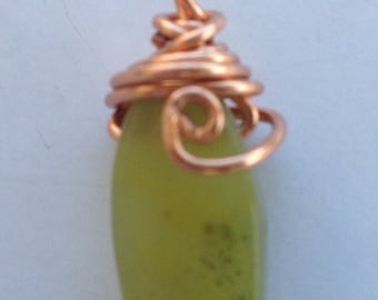 Jade Slender Pendant, Copper Wire Wrapped Pendant, Copper Wire Wrapped Pendant, Handmade Jewelry, Joshua Tree Gems