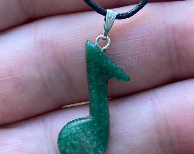 Green Aventurine  Musical Note Shaped Carved Gemstone Pendant, Tumble Polished Stone Necklace on Adjustable Cord, Natural Stone Jewelry