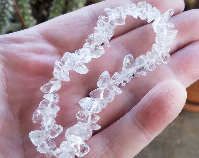 Clear Quartz 6" Stretchy Bracelet, Drilled Gemstone Chip Beads, Tumble Polished Crystal Gemstone Chip Bracelets, Drilled Pebble Small Chips