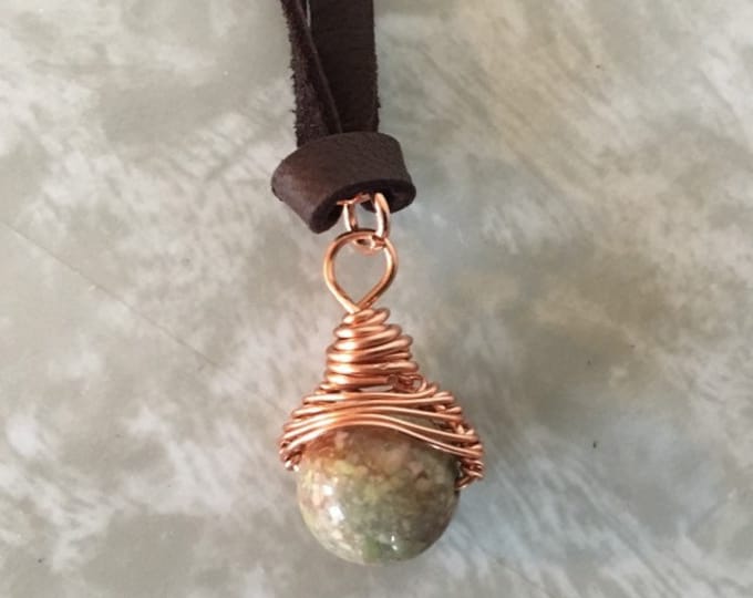 Round Unakite Jasper Bead Copper Wire Pendant, Handmade Jewelry, Unakite Wire Wrapped Necklace