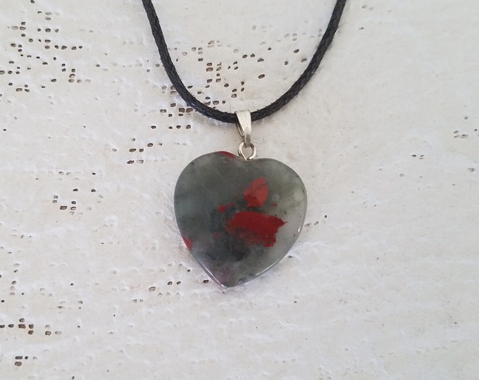 Green Bloodstone Jasper Heart Shape Gemstone Pendant, Natural Stone Necklace on Adjustable Cord, Healing Stones, Gothic, Christian Jewelry
