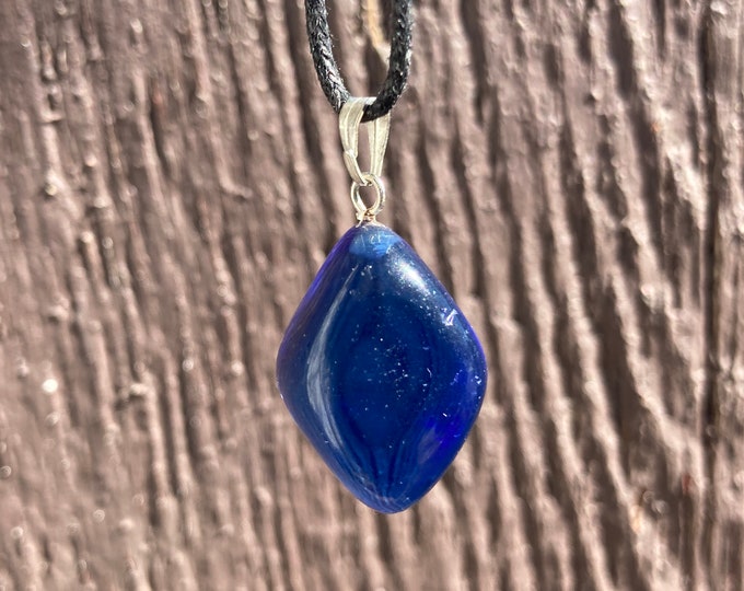 Blue Glass Polished Freeform Drop Gemstone Pendant, Tumble Polished Blue Glass Nugget Necklace Adjustable Cord, Blue Polished Glass Jewelry