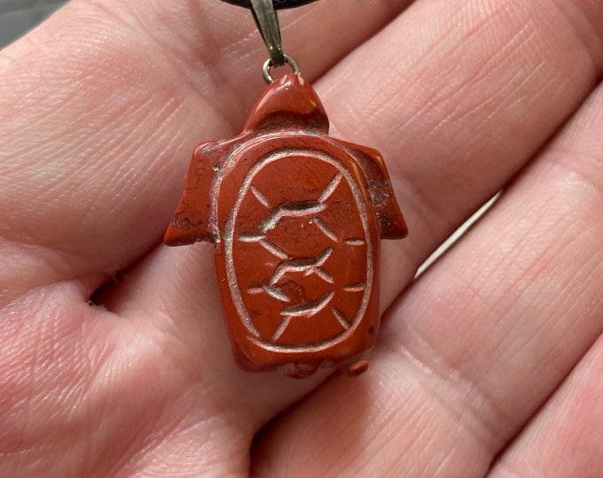 Red Jasper Turtle Shape Pendant, Polished Red Jasper Tortoise Shape Necklace on Adjustable Cord, Natural Stone Jewelry