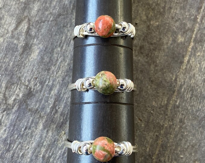 Unakite Round Gemstone Wire Wrapped Ring in Silver Plated Wire, Assorted Size Pink and Green Unakite Bead Rings Silver Plate Wire