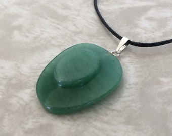 Green Aventurine Cowboy Hat Carved Gemstone Pendant, Polished Stone Hat Shaped Necklace w Adjustable Cord, Natural Stone Jewelry