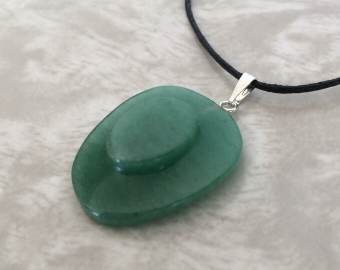 Green Aventurine Cowboy Hat Carved Gemstone Pendant, Polished Stone Hat Shaped Necklace w Adjustable Cord, Natural Stone Jewelry