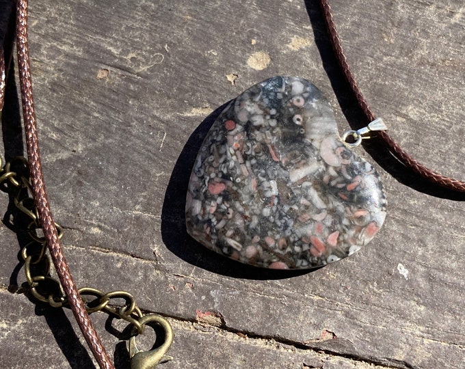 Crinoid Jasper Heart Pendant, Gemstone Heart Shape Necklace, Fossil Stone Heart Charm on Adjustable Cord, Natural Gemstone Crystal Jewelry