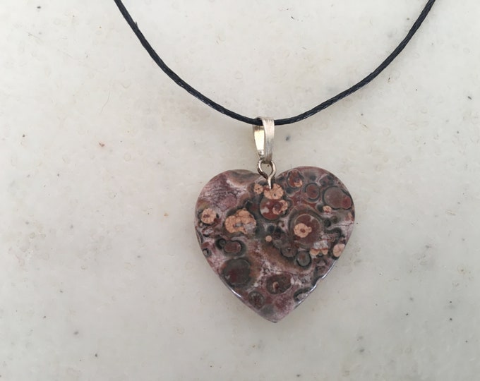 Leopard Jasper Heart Pendant, Leopardskin Jasper Gemstone Heart Shape Necklace, Natural Jasper Jewelry, Heart Charm Bead w/ adjustable cord