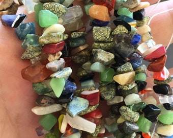 Multi-Mix Gemstone Chip Strand 32" Full Strand Beads, Tumble Polished Crystal Gemstone Chip Necklaces, Drilled Pebble Small Chips