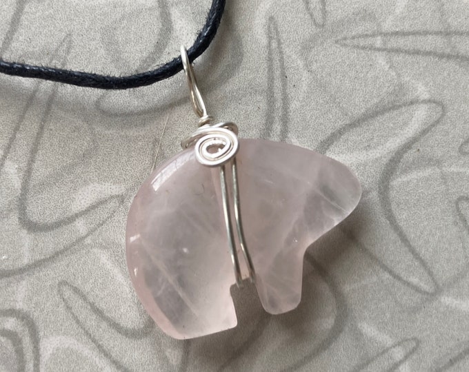 Rose Quartz Zuni Bear Pendant, Pink Rose Quartz Bear Shape Necklace, Sterling Silver Wire, Zuni Bear Animal Fetish Bear Totem Charm Bead