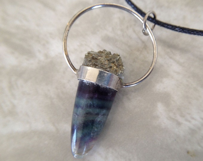 Multi Color Fluorite Bullet Shape Pendant with Gold Pyrite, Handcrafted Wire Wrapped Necklace .925 Sterling Silver, Polished Shaped Stone