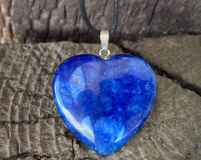 Blue Howlite Heart Necklace, Blue Heart Gemstone Pendant, Heart Shape Pendant Crystal Necklace, Howlite Heart Charm on Adjustable Cord