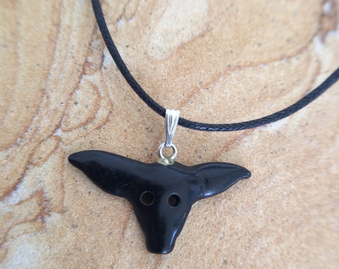 Black Onyx Western Steer Cattle Skull Shaped Carved Gemstone Pendant, Tumble Polished Natural Stone Jewelry, Necklace on Adjustable Cord