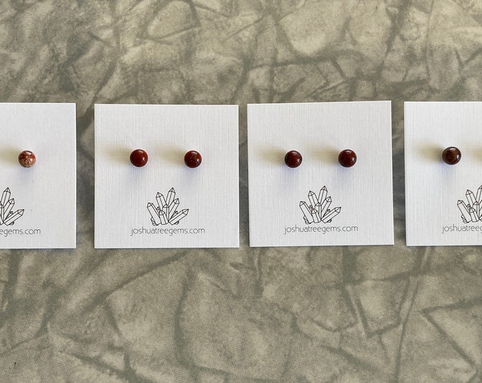 Red Brecciated Jasper post earrings, 6mm gemstone ball stud earring pair, surgical steel ear post w/ silicone earring back, crystal jewelry