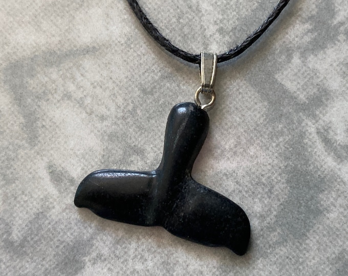 Black Onyx Whale/Dolphin Tail Carved Gemstone Pendant, Tumble Polished Stone Necklace on Adjustable Cord, Natural Stone Jewelry