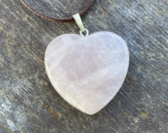 Pink Rose Quartz Large Heart Necklace, Natural Gemstone Pendant, Crystal Necklace Jewelry Rose Quartz Heart Charm on adjustable Cord