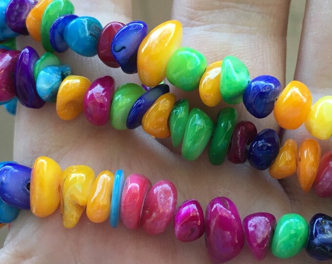 Candy Dyed Shell Gemstone Chip Strand 32" Full Strand Beads, Tumble Polished Crystal Gemstone Chip Necklaces, Drilled Pebble Small Chips