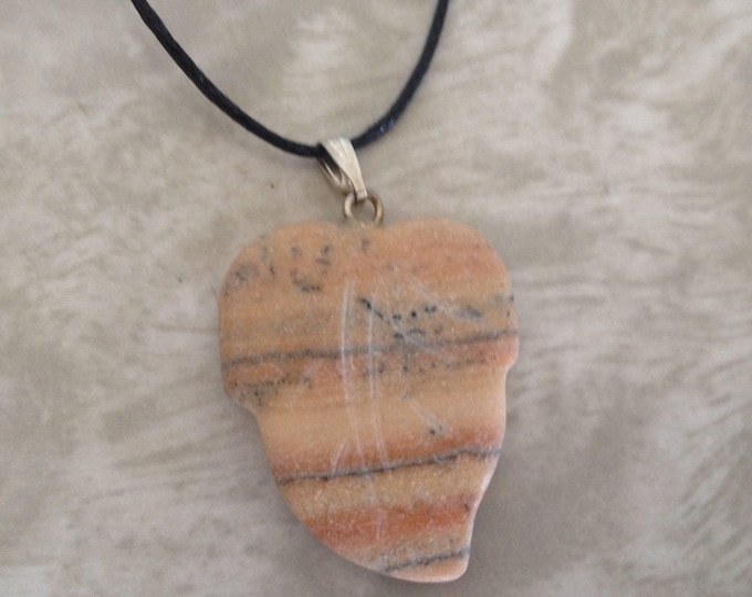 Picture Jasper Leaf Shaped Carved Gemstone Pendant, Tumble Polished Stone Necklace on Adjustable Cord, Natural Stone Jewelry