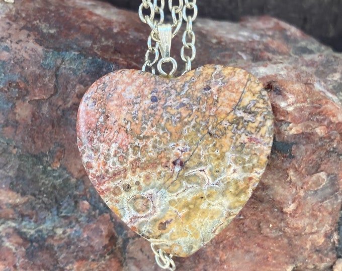 Leopard Jasper Heart Pendant, Leopardskin Jasper Gemstone Heart Shape Necklace, Natural Jasper Jewelry, Heart Charm Bead w/ 16" silver chain